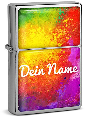 PhotoFancy® - Sturmfeuerzeug Set mit eigenem Namen Bedrucken Lassen - Design Color Paint - Benzinfeuerzeug mit Doming-Druck inkl. Metall-Geschenkdose