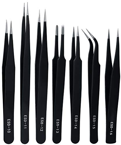 ZHIYE Precision ESD Anti-Static Tweezers, 7 pcs Stainless Steel Tweezers Set for Electronics, Jewelry-Making, Laboratory Work, Repairing, Hobbies