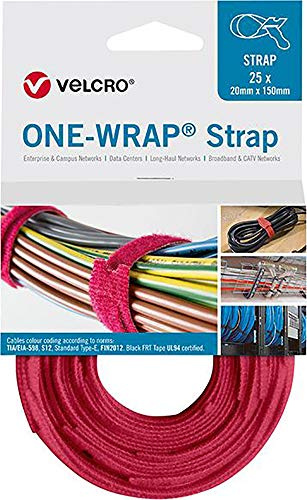 VELCRO Velcro Cable Ties One Wrap Strap 20 x 200 mm, Red, Pack of 25