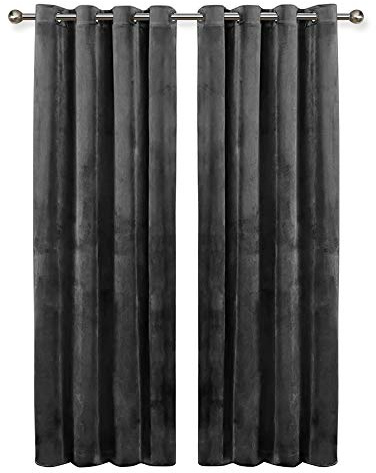 Oxford Homeware Blackout Curtains for Bedroom – Grey 66x90 Super Soft Crushed Velvet Curtains Ring Top - Thermal Insulated Curtains + 2 Tie Backs (168cm x 228cm)