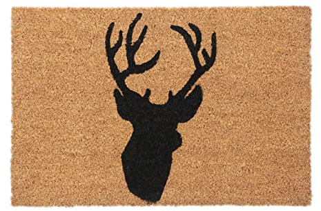 Relaxdays Fußmatte Kokos, Türvorleger Hirsch, 40x60 cm, Natur/schwarz | rutschfest, wetterfest, Fußabtreter innen & außen
