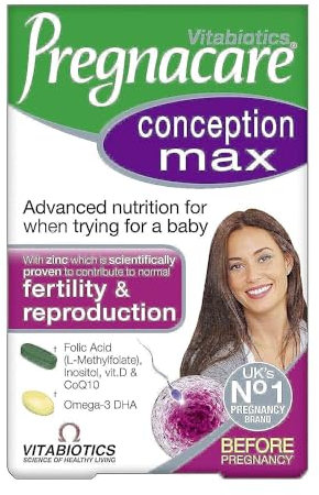 Pregnacare Fertility and Conception Max - Pregnancy Multivitamins - UK's No.1 Pregnancy Brand. Greater Prenatal Care for Women, Supplement with Added Omega-3 DHA for Normal Brain and Eye Development.