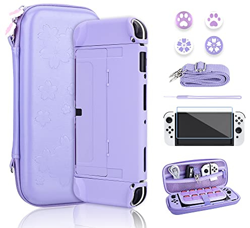 RHOTALL Sakura Schutzhülle für Nintendo Switch OLED (Hartschale, Displayschutz, 4 Daumenkappen, Armband und Schulterriemen) Violett