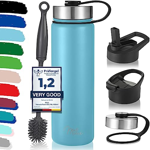 Milu Edelstahl Trinkflasche 500ml 750ml 1000ml (+3 Deckel) - Thermosflasche mit Strohhalm, Isolierte Wasserflasche, Auslaufsichere Isolierflasche doppelwandig, Kohlensäure geeignet (Himmelblau, 750ml)
