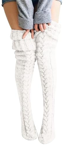 BFACCIA Overknee-Socken aus Wolle gestrickt warm Zopfmuster flauschige Socken Herbst Winter modisch Stiefelsocken Strumpfhose einfarbig Damen Mädchen Geschenk
