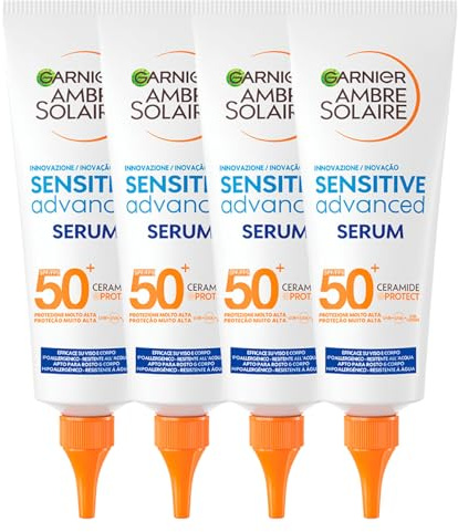 Garnier Ambre Solaire Sensitive Advanced Serum, Sonnenschutz für Gesicht und Körper, LSF 50+, sehr hoher Schutz, UVA, UVB, hypoallergene Formel, wasserdicht, Ceramide Protect – 4 Flaschen à 127 ml