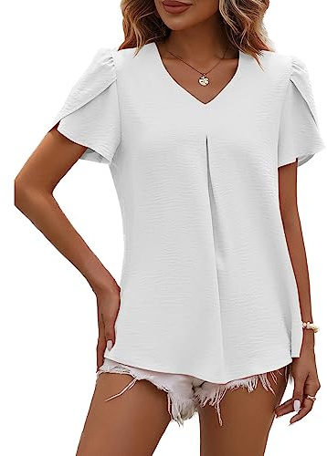 LEKOPUR Damblus, sommar, kortärmad tunika, V-ringad skjorta, enfärgad chiffong, toppar, vår, eleganta sommarblusar, ledig bluströja, t-shirt, topp, Vit, L