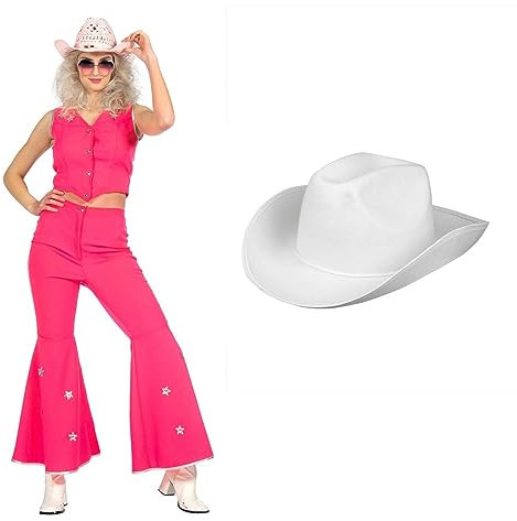 MIMIKRY 3-teiliges Country Western Damen Kostüm Pink mit Cowboyhut Puppe Film Rodeo, Größe:42