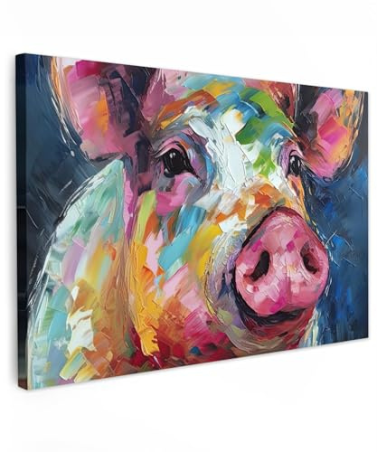 MuchoWow© Leinwände Groß XXL Wall Decoration Bilder Schlafzimmer Deko | 120x80 cm - Pictures Canvas Painting Wanddekoration Wohnzimmer Kunstdruck - Bunt - Schwein - Ölgemälde - Tiere - Kunst