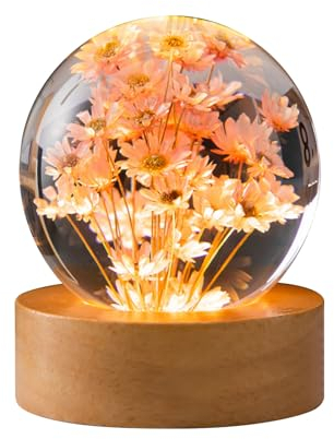 luolety Veilleuse boule de cristal de fleur, lampe boule de verre de 6 cm avec bois avec base de lumière LED, lampe de nuit de spécimen de fleur de chargement USB avec support (marguerite rouge)