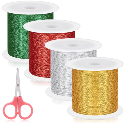 Keadic 5 st 200 meter/218 meter metalliskt glitter trådsortiment set med skärare, icke-1 mm stretch hantverk, snöre, guld/silver/röd/grönt presentband för smyckestillverkning