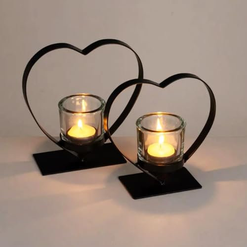 Virsus Set 6 Portacandele a Forma di Cuore 5169, misura 15x6x15 cm, Struttura Metallo Nero con Bicchiere in Vetro per candela TeaLight, per Bomboniere, Regali, Matrimonio, Feste, Comunione