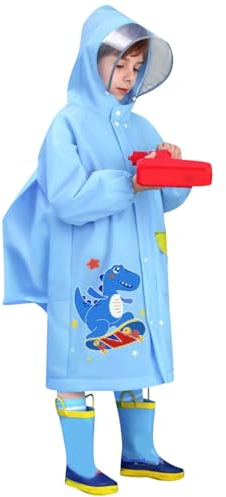 FGUUTYM Regenmantel für Kinder, Junge, Cartoon-Dinosaurier-Muster, Eva-Poncho mit Hut, Tasche, Ort, Modeknopf Fahrradponcho Kinder (Blue, 4-5 Years)