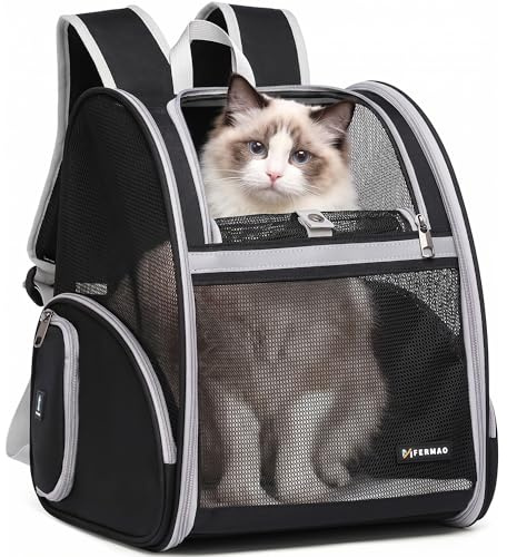 Cat Backpack Carrier for Small Dogs and Medium cat Puppy Kitten Bunny Pet Carrier Backpack Collapsible with Fully Ventilated Mesh with Safety Leash (Black, 12.9 L x 10.62 W x 15.5 H - M)