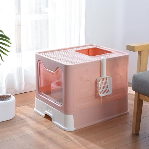 Willonin Caja de arena para gatos, semicerrada, plegable, grande, con tapa, cajón y pala, portátil (rosa)