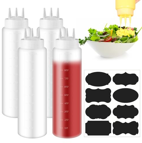 WEGREAT Squeeze Flasche 3 Spritzdüsen 4 Stück 1000ml Soßenflaschen mit Etikettieren Schreibstift, Gewürz Squeeze Flaschen für Sauce Gewürze, Ketchup, Sirup, BBQ, Sauce, Senf, Salat, Dressing