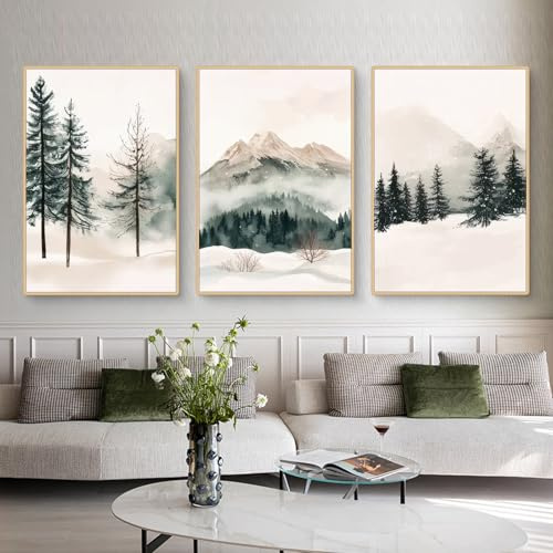 Ueiwffzo 3er Poster Set, Wanddeko Wohnzimmer, Winter Pflanzen Schneeberge Wandbilder ohne Rahmen, Premium Leinwandbilder Stilvolle Wanddeko für Wohnzimmer Schlafzimmer Weihnachten (50 x 70 cm)
