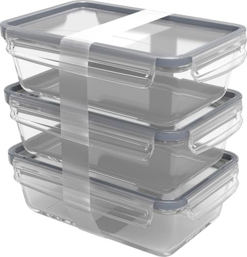 Rotho Kühlschrankdose Glas CLIC & LOCK 1,3 L, 3er Set Vorratsdose