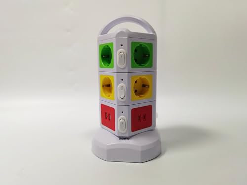 SOOPII Torre 10 enchufes Vertical (Tipo F) 4000 W/16 A, Regleta Vertical con 2 USB y 2 PD con Proteccion sobretension,Torre regletas enchufes con Interruptor para Oficina, hogar, Alargador 2M, Blanco