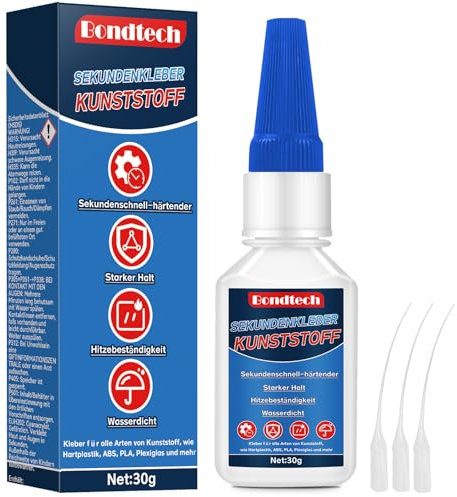 Kunststoffkleber 30 g, Kunststoffkleber mit Anti-Austrocknungs-Spitze, Plastik Kleber für Kunststoff, Plastic, Acryl, Modellbau, 3D-Druck, Miniaturen, PVC, Vinyl, Wasserdicht, Hitzebeständig
