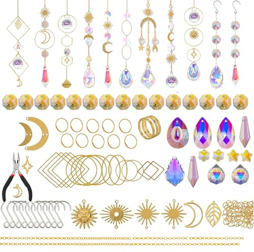 Lot de 200 attrape-soleil en cristal - Kit de bricolage - Attrape-soleil - Carillon éolien en cristal - Avec pendentif en cristal - Attrape-soleil suspendu - Pour jardin extérieur - Doré