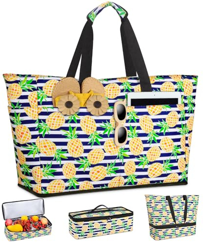 ISEYOU Strandtasche XXL Familie mit Kühltasche, Groß Strandtasche mit Reißverschluss Wasserdicht Sanddicht, Handtasche Damen 49L, Faltbar Badetasche für Urlaub Reisen Fitnessstudio Picknick