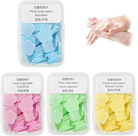 Zssxysm 4 Boxen Papier Seife, Tragbare Seifenblätter Einweg Papier, Mini Seifenblättchen Kinderseife für Reisen Camping Outdoor, Leicht Duftende Seifenflocken, 120 Tabletten pro Box