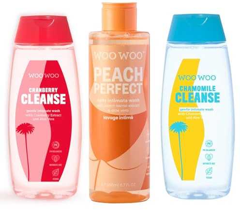 WooWoo Intimate Body Wash Bundle - Peach Perfect, Cranberry Cleanse & Chamomile Cleanse - pH Balanced, Vegan & Gentle Daily Body Wash with Aloe Vera - 3 x 200ml