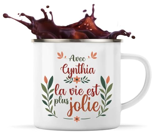 Planetee Tasse métallique Cynthia la vie est plus jolie | Mug Mazagran Cadeau Fête des Mères Anniversaire Soeur Noël Tata Marraine Timbale Camping