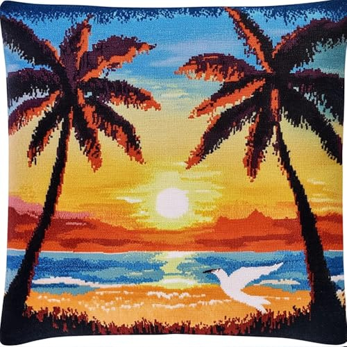 Rqwybcaxn Diy Knüpfkissen Set Hawaii Sonnenuntergang Strand Knüpfsets,Knüpfkissen,Sticksets,Diy-Teppich,Handarbeiten,Knüpfkissen-Sets 43X43Cm