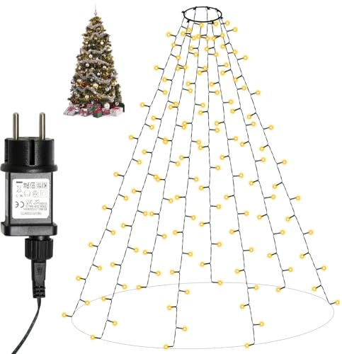 Dixmas Lichterkette Weihnachtsbaum mit Ring 2M 280LED 8 Stränge | Christbaumbeleuchtung, 8 Modi, Wasserdicht, Warmweiß, für 150cm-240cm Tannenbaum