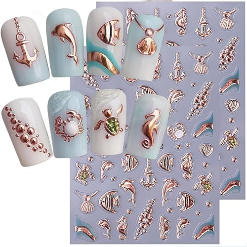 Shimmerz 2 hojas de calcomanías de uñas en relieve 5D Vida marina concha dorada estrella de mar pegatinas autoadhesivas decoraciones de uñas de verano