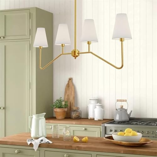 HTsilphelene Kronleuchter,Gold Hängeleuchte mit lampenschirm 4 Flammig | Pendelleuchte Für Wohnzimmer Schlafzimmer Flur Esszimmer,E14 HöHenverstellbare,Mit WeißEm Stoff Schatten