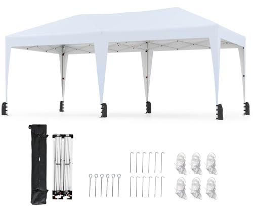 COSTWAY Carpa Plegable 5,9x3m, Altura Ajustable, Pergolas de Jardin Pop up, Bolsa de Transporte con Ruedas, 6 Bolsas de Arena, Gazebo Pabellón Cenador Plegable Camping Fiesta (Blanco)