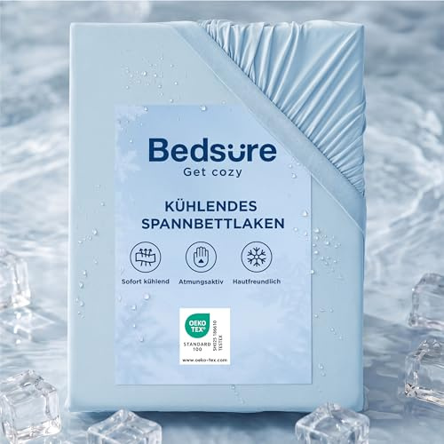 Bedsure Spannbettlaken 180x200cm kühlendes Bettlaken - Sommer Spannbetttuch bis 40cm für hohe Matratzen, Boxspringbett, Oeko-TEX Zertifiziert Q-MAX 0.4-Kühlstoff sorgt, Blau