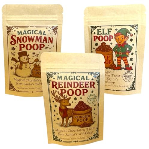 ButtonChocs Magical Poop Collection – Reindeer, Snowman & Elf Poop – 3 Festive Chocolatey Candy Pouches – Fun Christmas Letterbox Gift Set, Ideal Stocking Filler & Secret Santa Novelty Gift