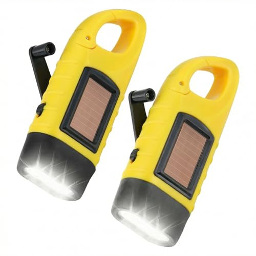 2 Pcs Wind Up LED Torch Rechargeable Dynamo Hand Crank Super Bright | Portable Camping Torch with Carabiner Hook Outdoor Emergency Flashlight for Hiking Climbing Survival Gear Yellow