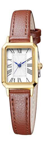 BESTKANG Leather Strap Watches for Women Elegant Dainty Ladies Watch Vintage Rectangle Women Quartz Wrist Watch (Brown Gold White)