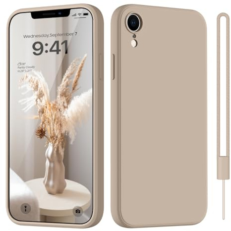 HGH für iPhone XR Hülle Silikon mit Lanyard, Khaki | Handyhülle für iPhone XR Dünn Rundumschutz mit Microfiber-Innenfutter Kratzfest Schutzhülle Case 6.1