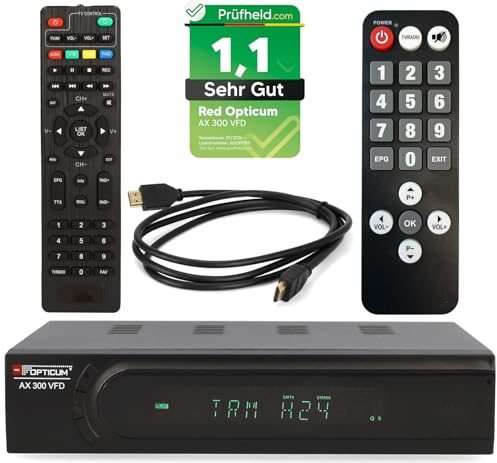 RED OPTICUM HD Sat Receiver AX 300 VFD Display PVR Ready - USB TV Aufnahme, HDMI, SCART, Coaxial - Digital TV Receiver für Satellitenschüssel/Satelliten/Satellit + netshop 25 HDMI Kabel