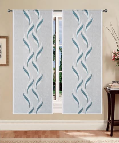 Home Tresor - Coppia Tende a Vetro Tendine per Interni Finestre, Portefinestre, Cucina, Cameretta, Soggiorno Mod. MADRID Jacquard Semitrasparente - 45x150 cm, Ottanio