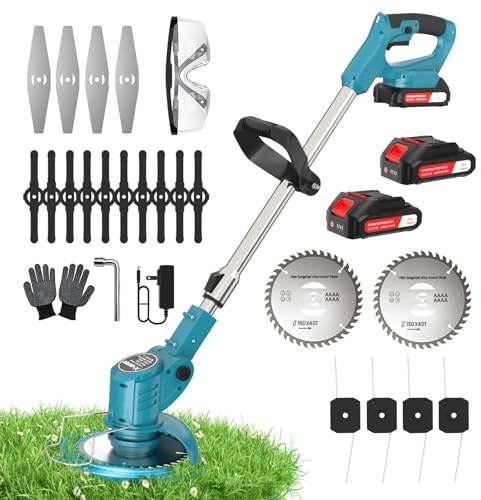 X-cotec Desbrozadora Bateria 21V, 800W/60Min, desbrozadora electrica 4 en 1, Recortadora de Cortabordes Bateria, Longitud retráctil, 2 Baterías, para Recortar Césped y Arbustos