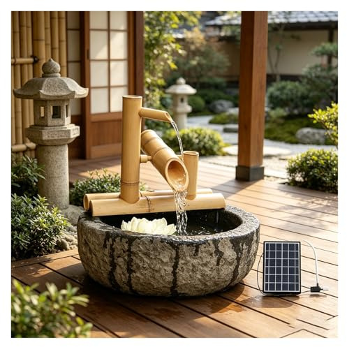 Fontaine d'intérieur et d'extérieur en Bambou, Fontaine à Eau à Bascule | Japonaise traditionnelle en bambou, décoration de jardin zen avec pompe à eau, panneau solaire 6 W(40cm)
