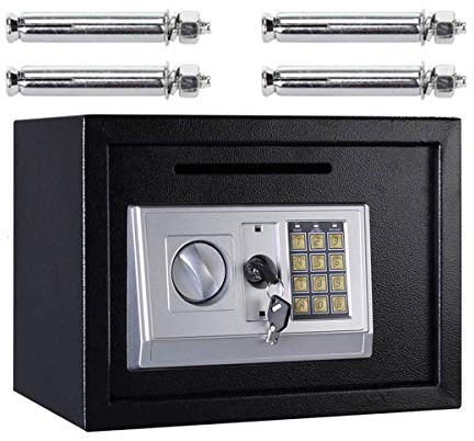 16L Digital Safe Box (Black) Large Capacity Safety Electronic Security Steel Money Cash Home Office, with Full-digit Keypad & 2 Override Keys & 4 Installing Bolts Wall Floor Mounted