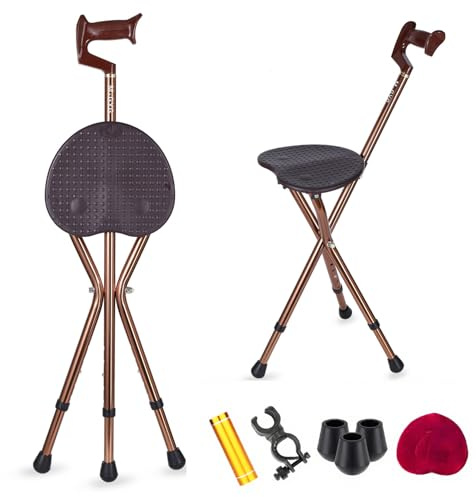 BSROZKI Canne de Marche très résistante avec siège Pliant Capacité de 440 kg réglable avec sièges pour Tabouret épais en Alliage d'aluminium Marron avec lumière LED.
