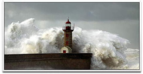 Leuchtturm im Meer ca. 130x70cm Wandbild inklusive Schattenfugenrahmen weiss - Panorama Leinwand Bild XXL Format Wandbilder Wohnzimmer Wohnung Deko Kunstdrucke