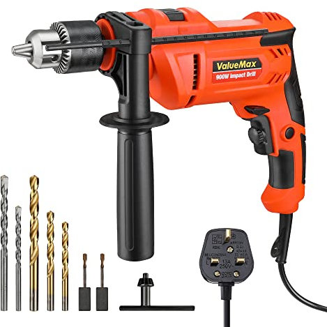 ValueMax Electric Drill, 900W Dual Purpose Electric Corded Variable Speed, 1/2'' Chuck, Impact Drill with 3 pcs HSS Bits & 2 pcs Cement Bits, Ideal for Home, Garden, DIY etc, Orange