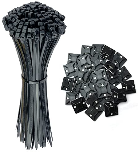 Oksdown Lot de 100 Grands 350 × 4,8 mm Serre Câbles Adhesive Plastique Noir Nylon avec 60 Pièces Collier de Serrage 25 x 25 mm Clips Auto Adhésif Supports Base Attaches Zip Ties pour Gestion Cable