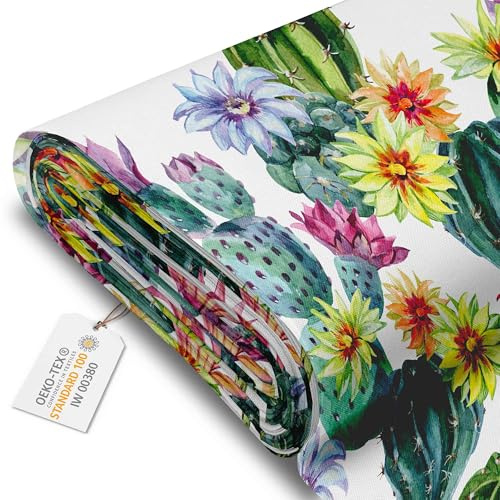 DreamRoots Markisenstoff Meterware, Cactus with Flower | Oxford Segeltuch, wasserdicht, Polsterstoff, 220 g/m² 600D, 160 cm breit, wasserabweisend, für außen & Deko