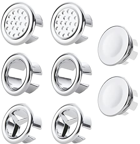 8-Piece Overflow Rings, Decoration Accessories for Drainage Holes, Round Plastic Hole Plugs, 4 Designs - Used in Kitchen and Bathroom Sinks, Bathtubs